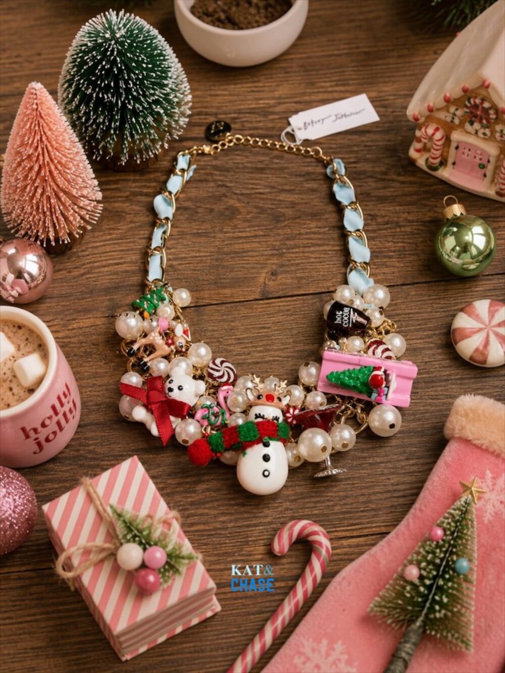 NWT Betsey Johnson Blue Ribbon Christmas Bib Necklace Santa Snowman Holiday Deer